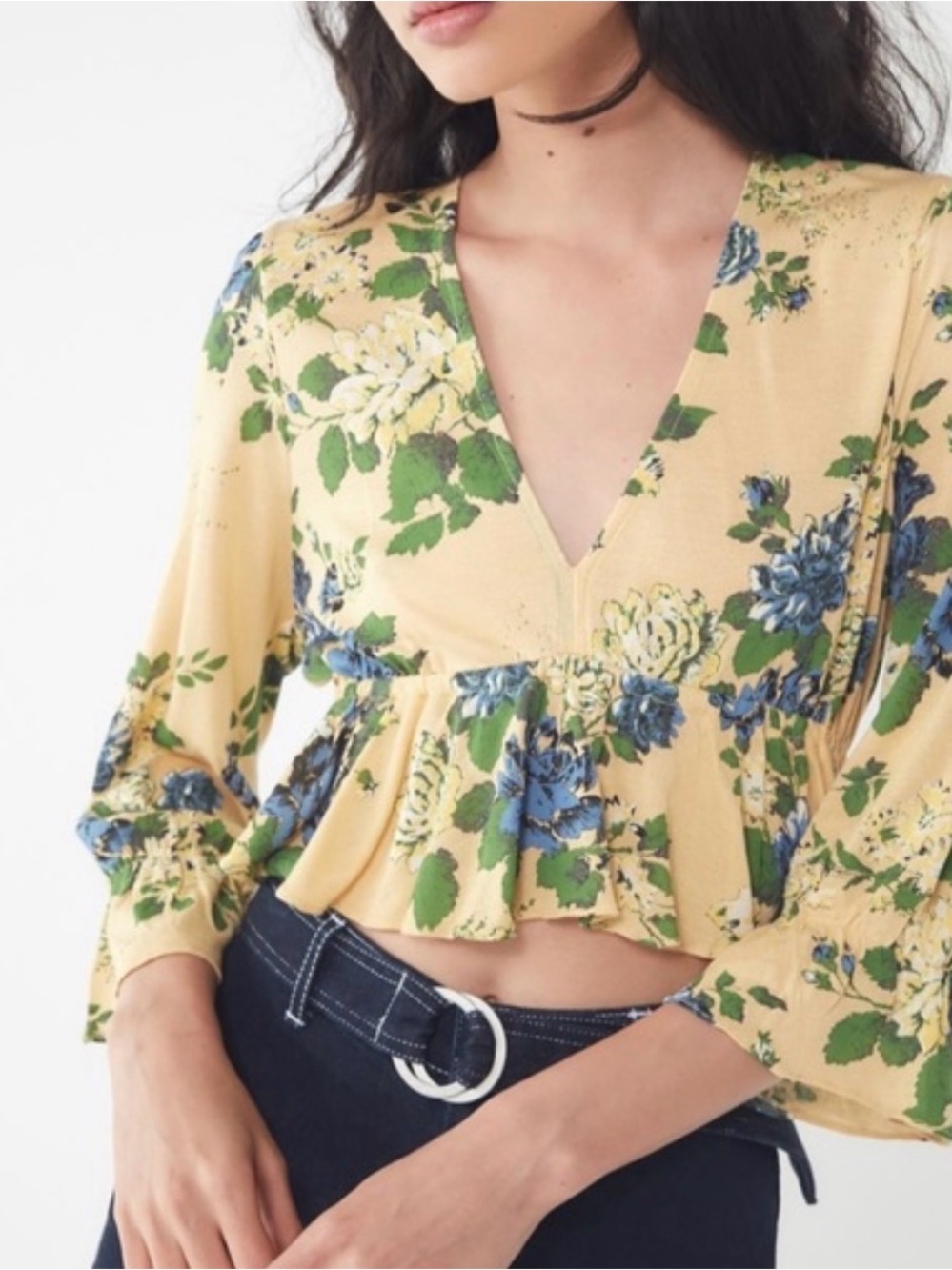 Urban Outfitters: Women's Yellow Floral Crop Top Peplum Blouse, Size S